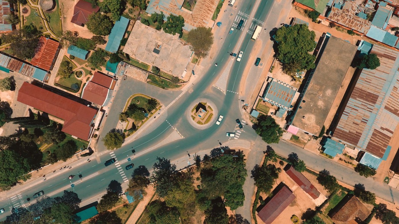 An aerial view of a street in Ghana