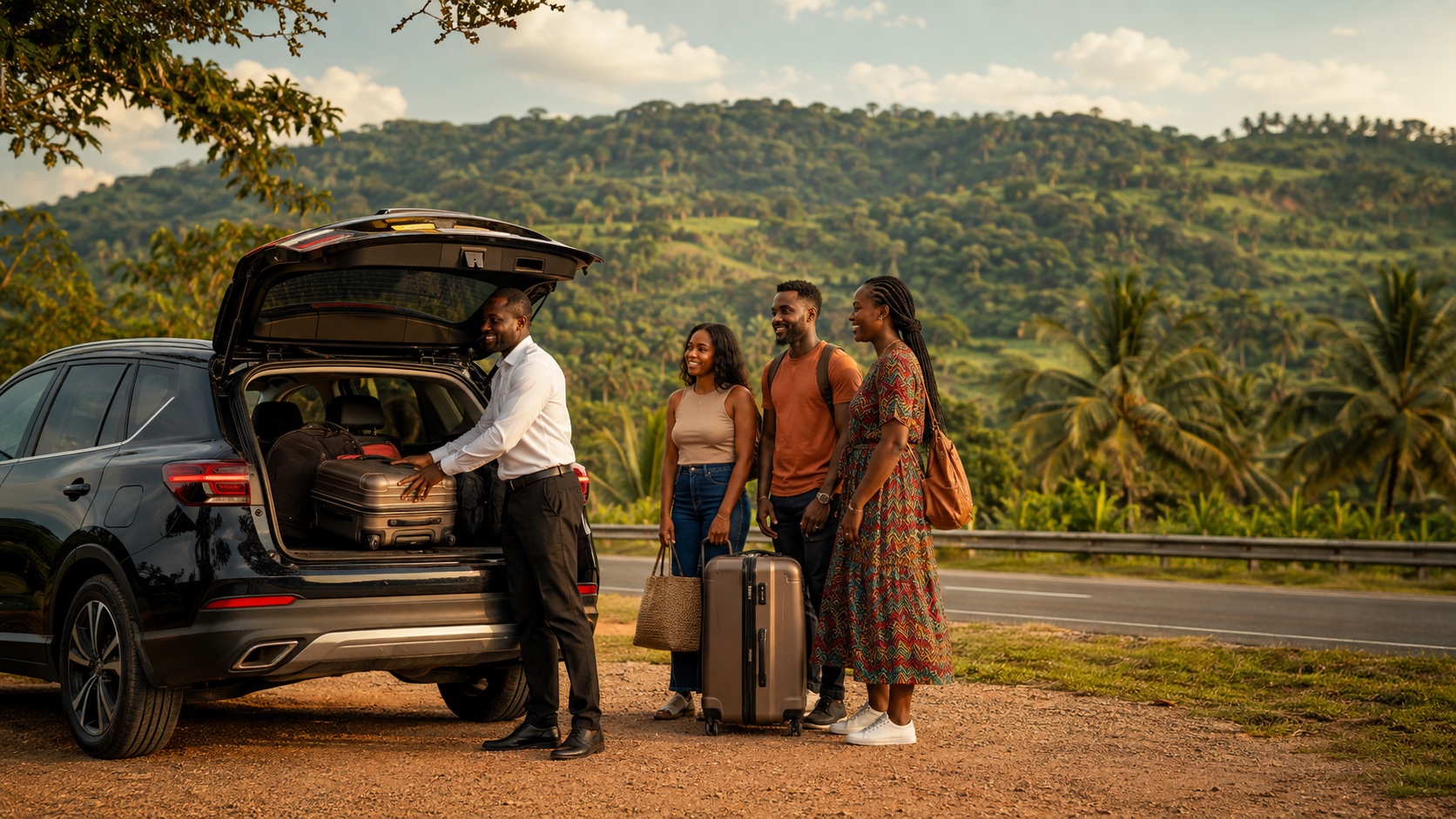 Ghanaian travellers beginning an intercity journey with their driver