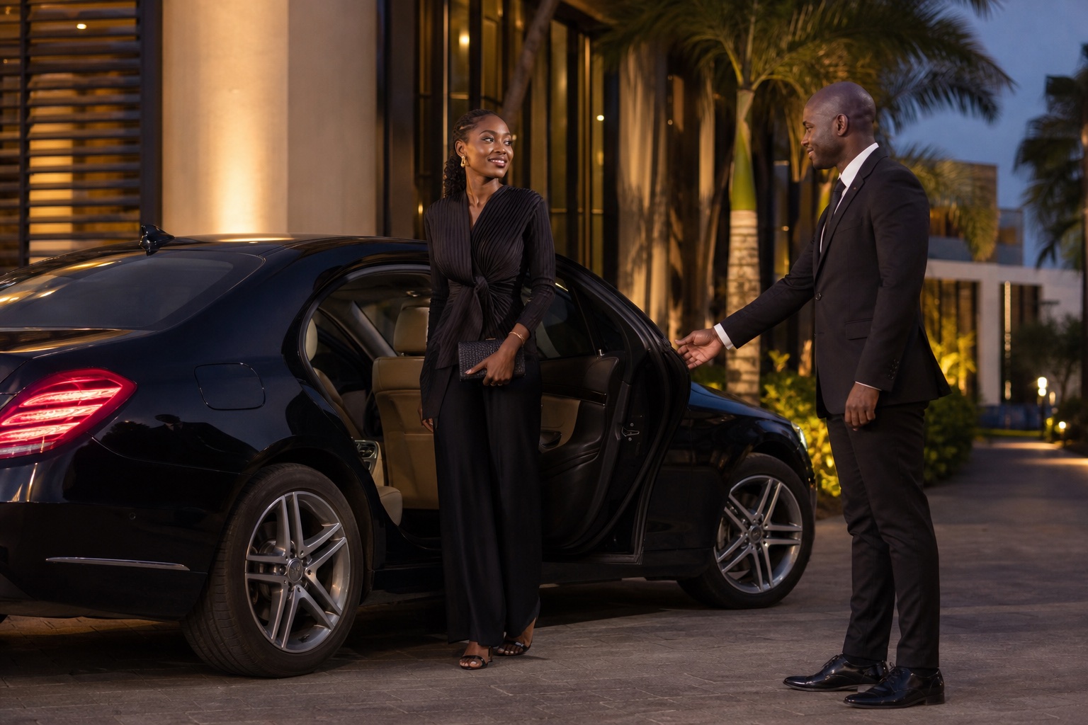 A Ghanaian passenger being welcomed into a premium chauffeured car
