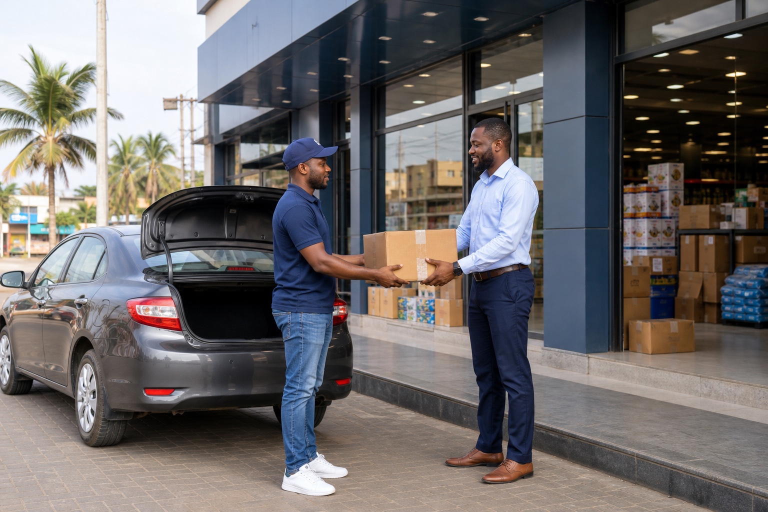 A driver collecting a parcel from a merchant outside a large store with his car parked nearby