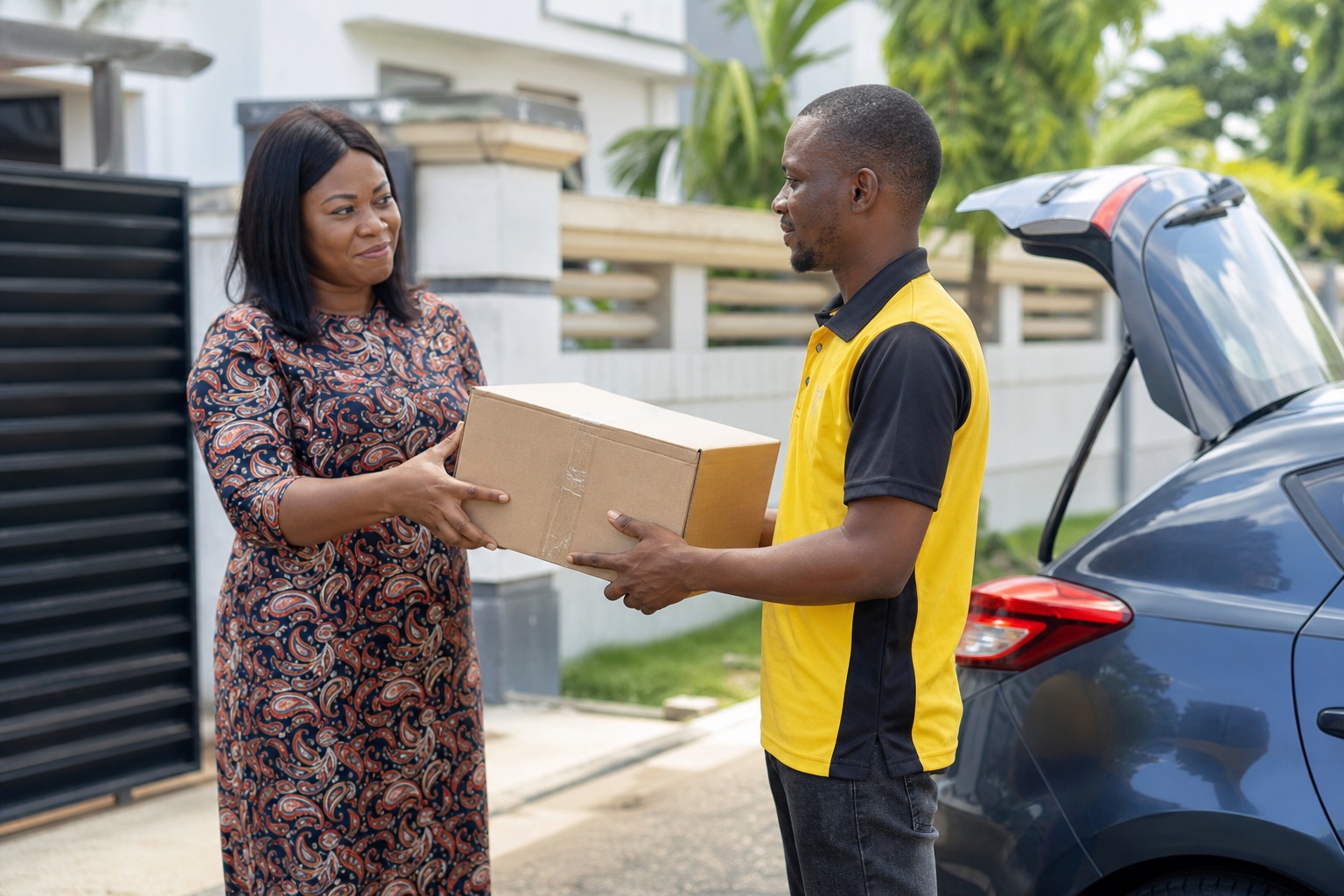 A delivery agent receiving a parcel from a sender beside a car